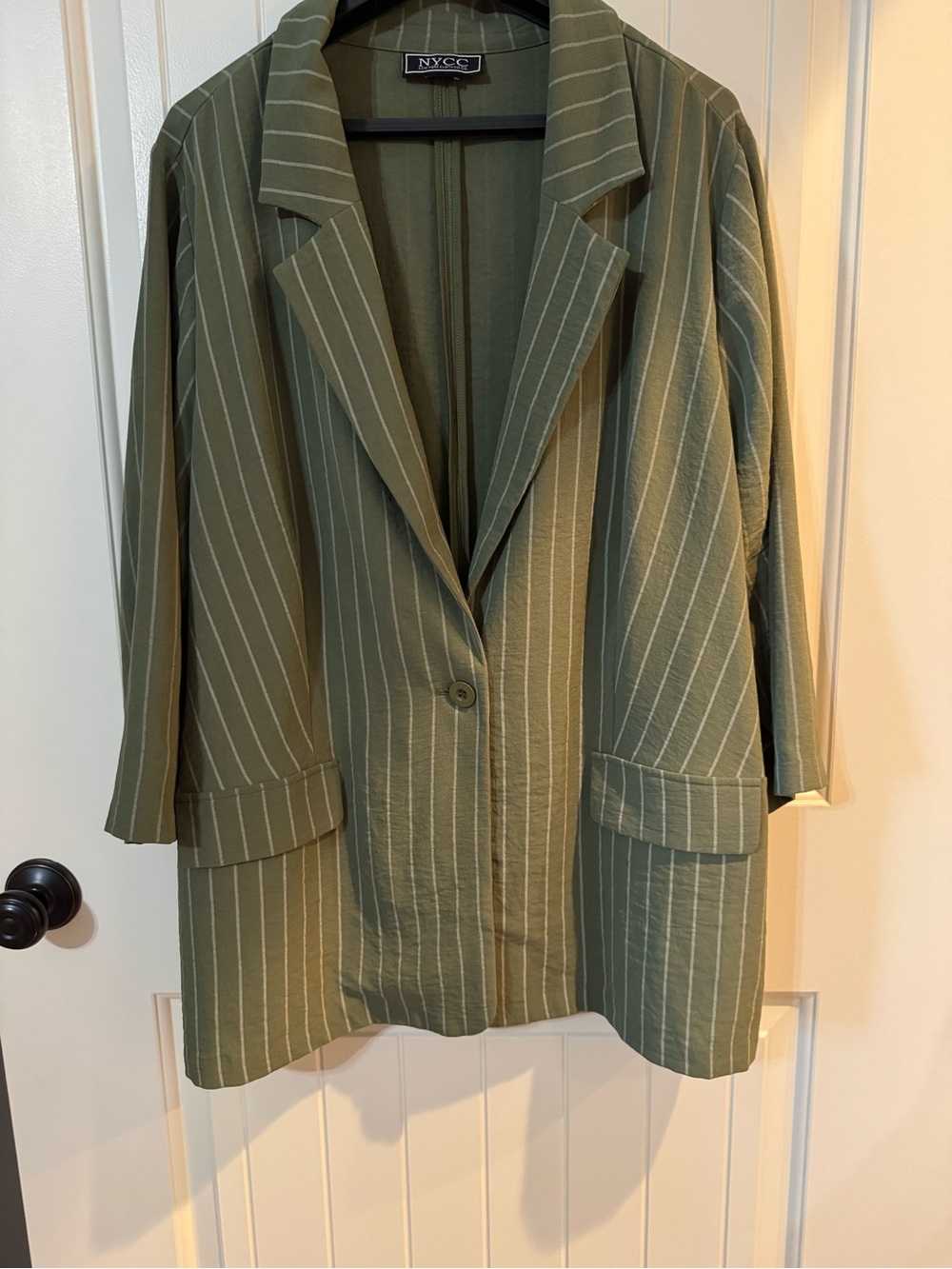 New York & Company Olive Pinstripe Single-Button 3/4 Sleeve lightweight Blazer